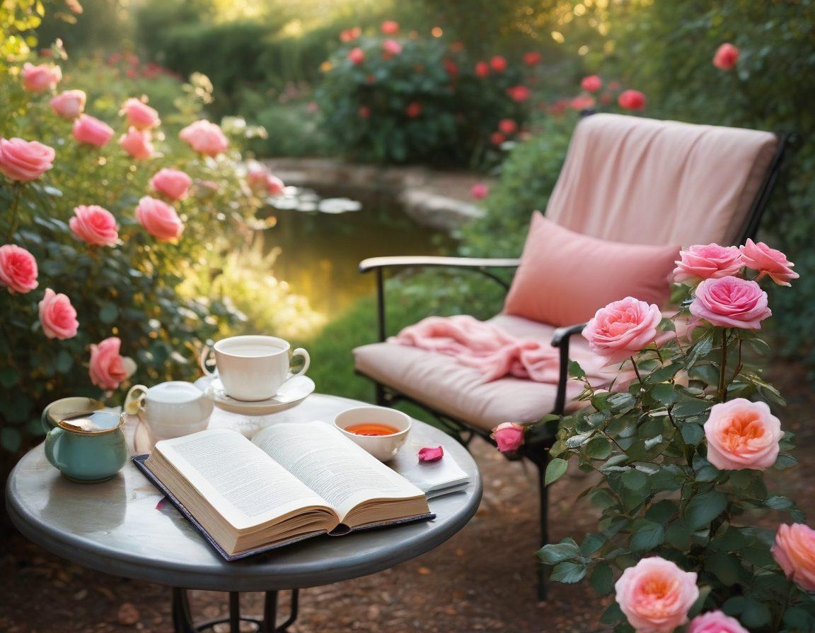 A tranquil rose garden in full bloom, filled with various colors of roses symbolizing love and care. Soft sunlight filtering through the leaves, casting a warm glow on a comfortable reading nook with a plush chair and a steaming cup of tea. Gentle petals falling like confetti, creating an atmosphere of serenity and rejuvenation. Include a journal and a pen on the side to suggest self-reflection. super-realistic. vibrant colors. soft focus.