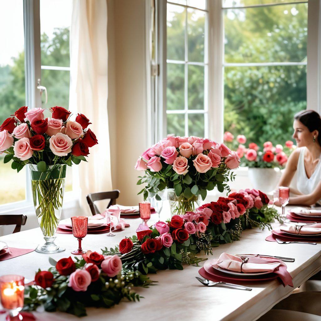 A beautifully arranged table centerpiece showcasing various pink and red roses, complemented by elegant rose-themed decor items like vases and candles. Surrounding the table are diverse people chatting and enjoying themselves, creating a sense of community. Soft, natural sunlight filters through a window, casting gentle shadows. The background features lush greenery and floral accents, enhancing the rustic charm of the scene. watercolor illustration. vibrant colors. soft focus.